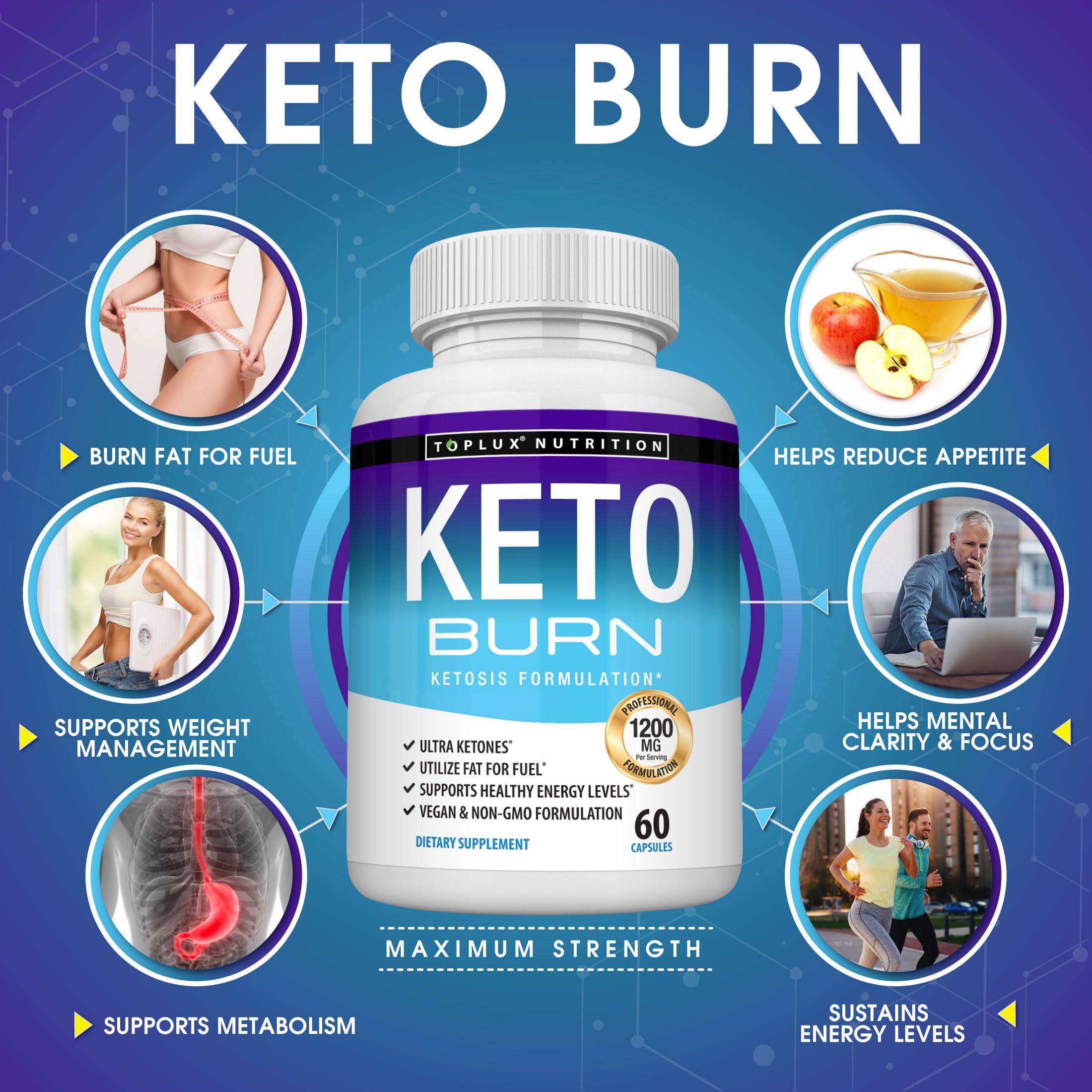 Toplux Keto Burn supplement facts panel detailing natural ketosis ingredients