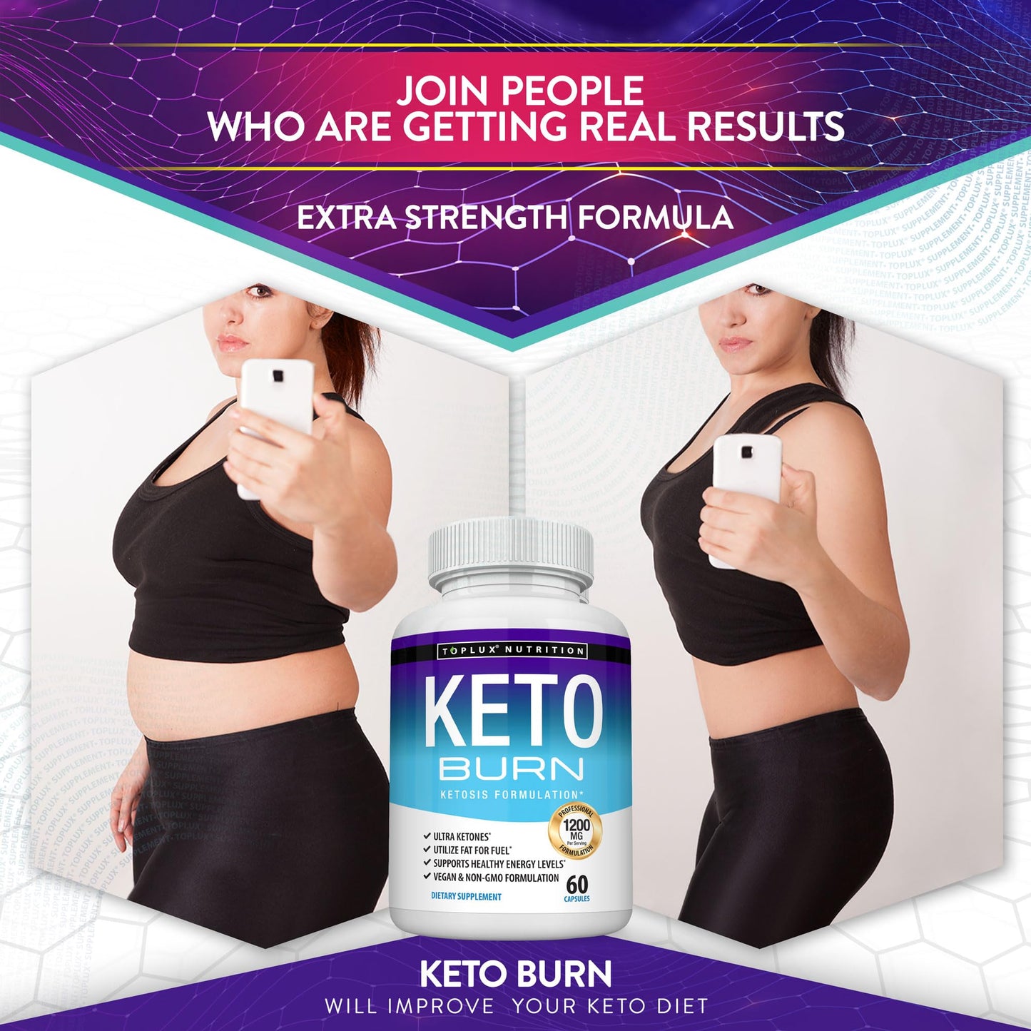 Toplux Advanced Ketogenic fat burner bottle angle view highlighting vegan features
