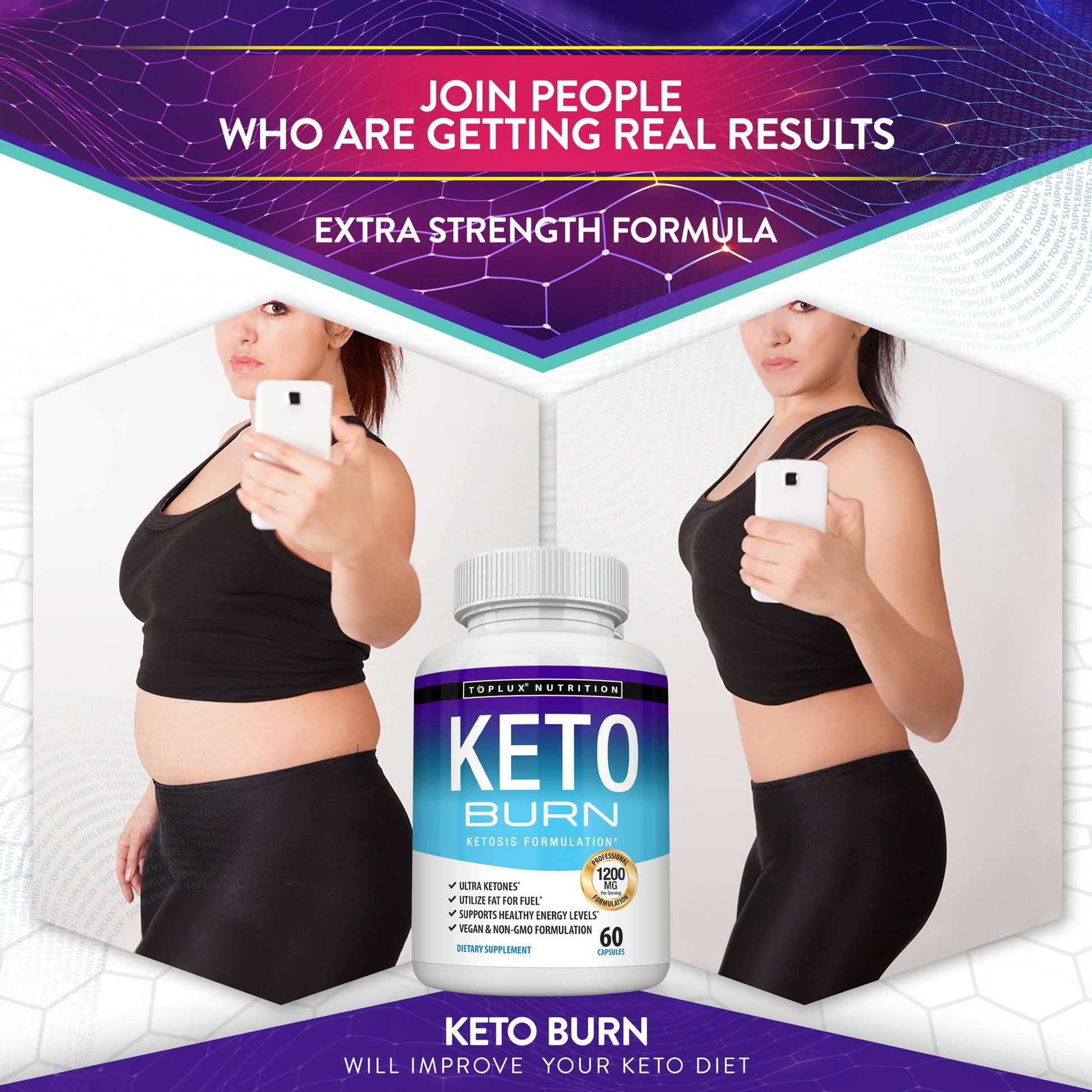 Toplux Advanced Ketogenic fat burner bottle angle view highlighting vegan features