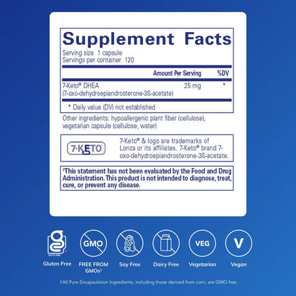 Pure Encapsulations 7-Keto DHEA supplement bottle side label displaying ingredient facts