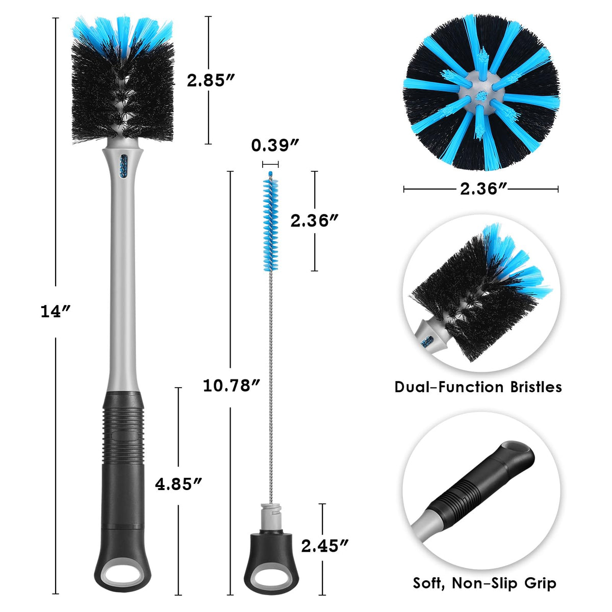 Mosolan cleaning brush scrubbing the inside of a tall water bottle.