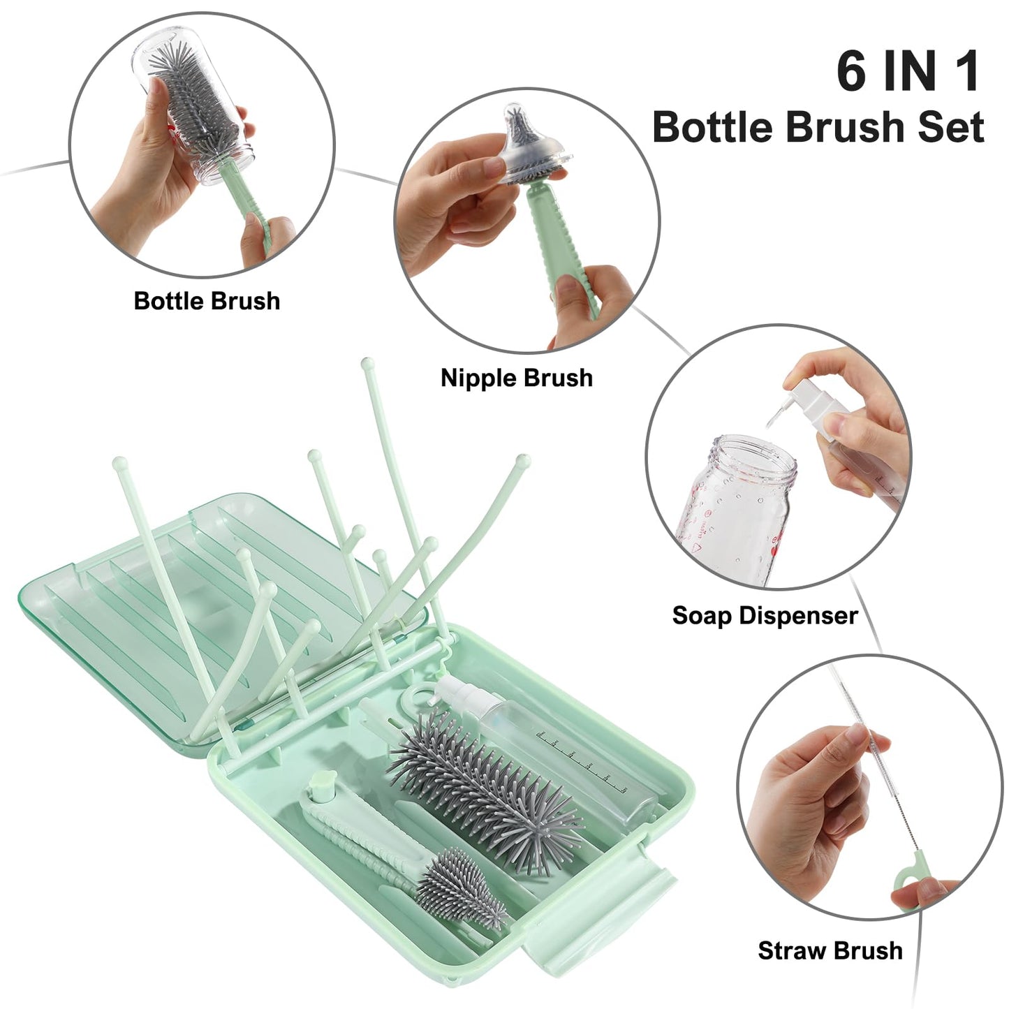 Green portable bottle cleaning kit with drying rack unfolded