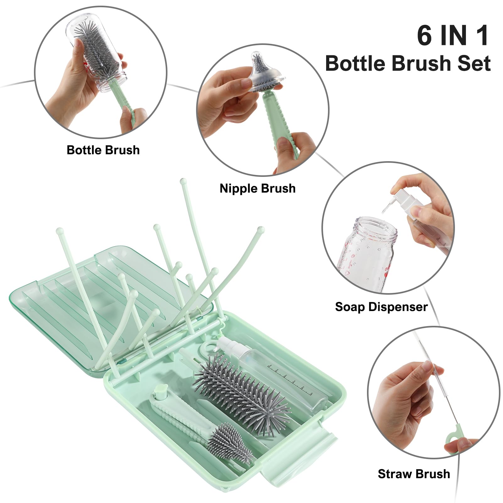 Green portable bottle cleaning kit with drying rack unfolded