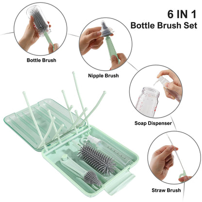Green portable bottle cleaning kit with drying rack unfolded