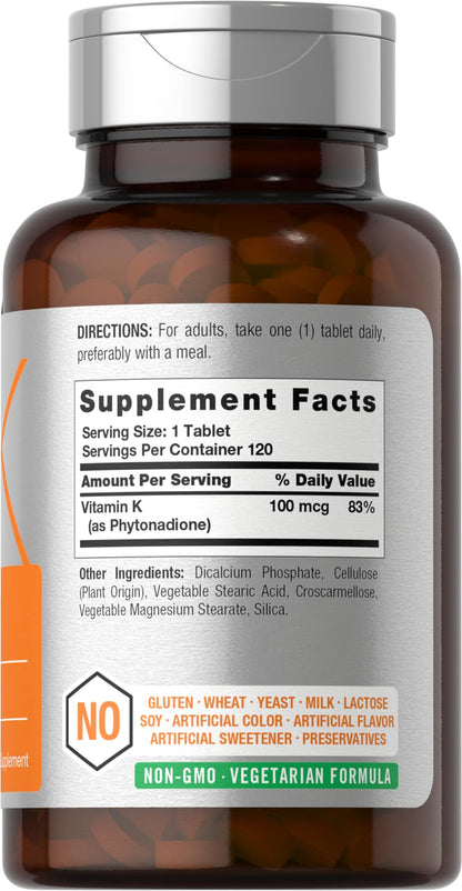 Side angle view of the Horbäach Vitamin K supplement highlighting dietary claims like non-GMO and gluten-free.