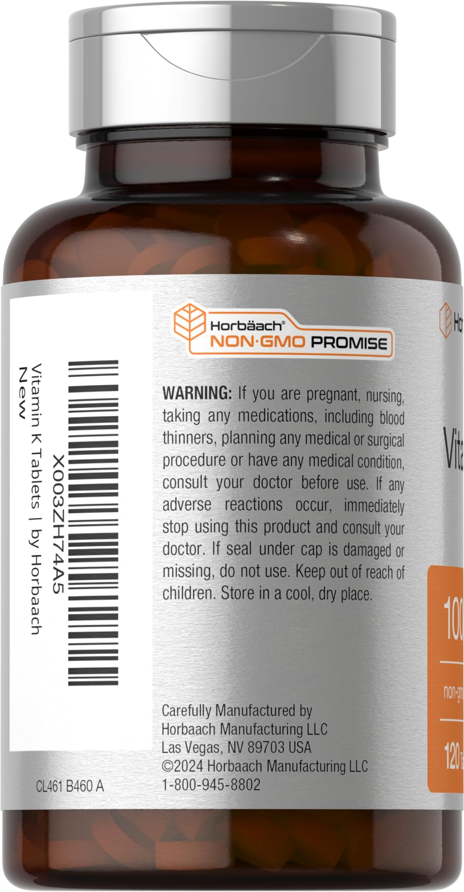 Back label of Horbäach Vitamin K 120 tablets detailing the supplement facts and nutritional percentage values.