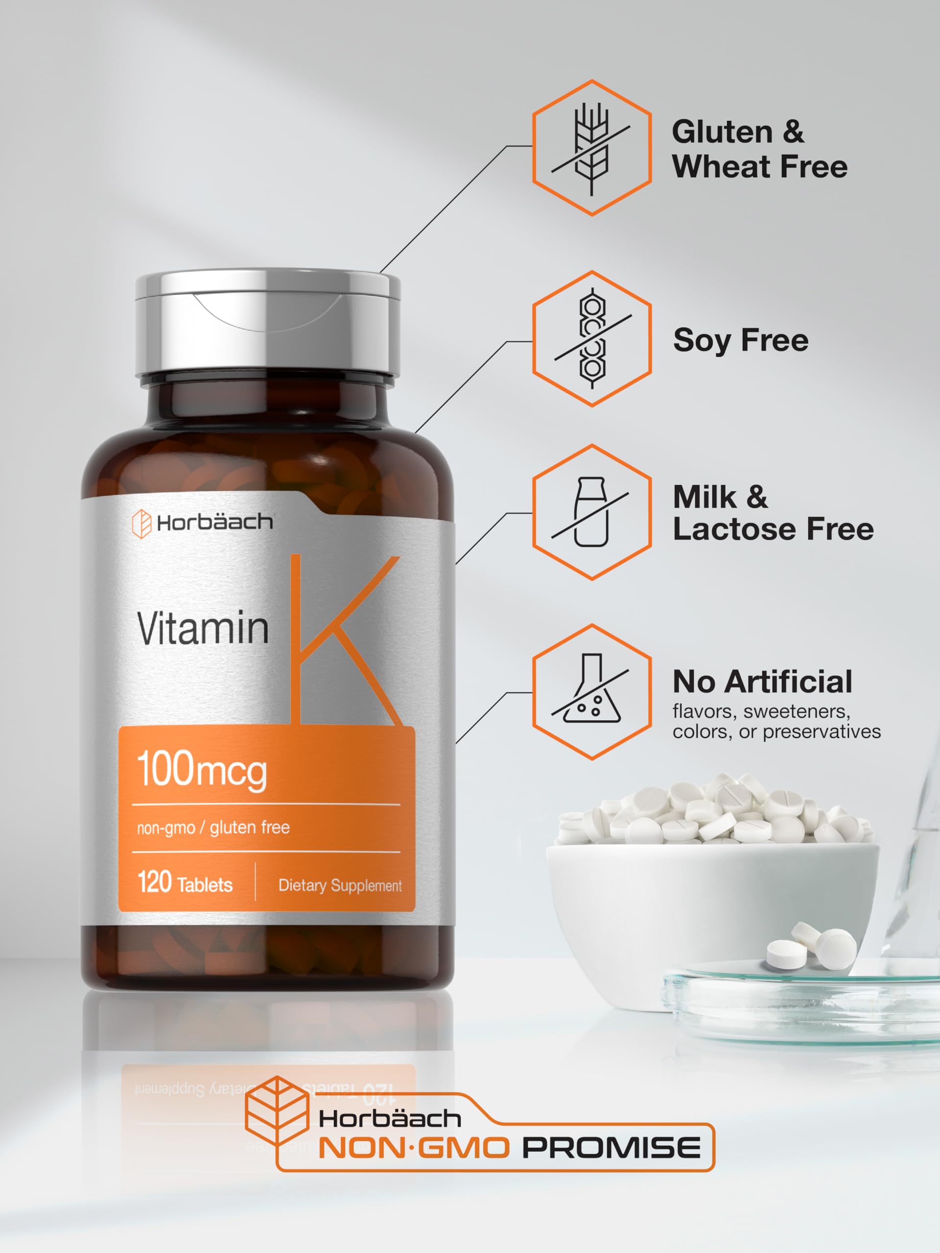 Detailed view of the clean ingredients list and manufacturing standards on the Horbäach Vitamin K bottle.