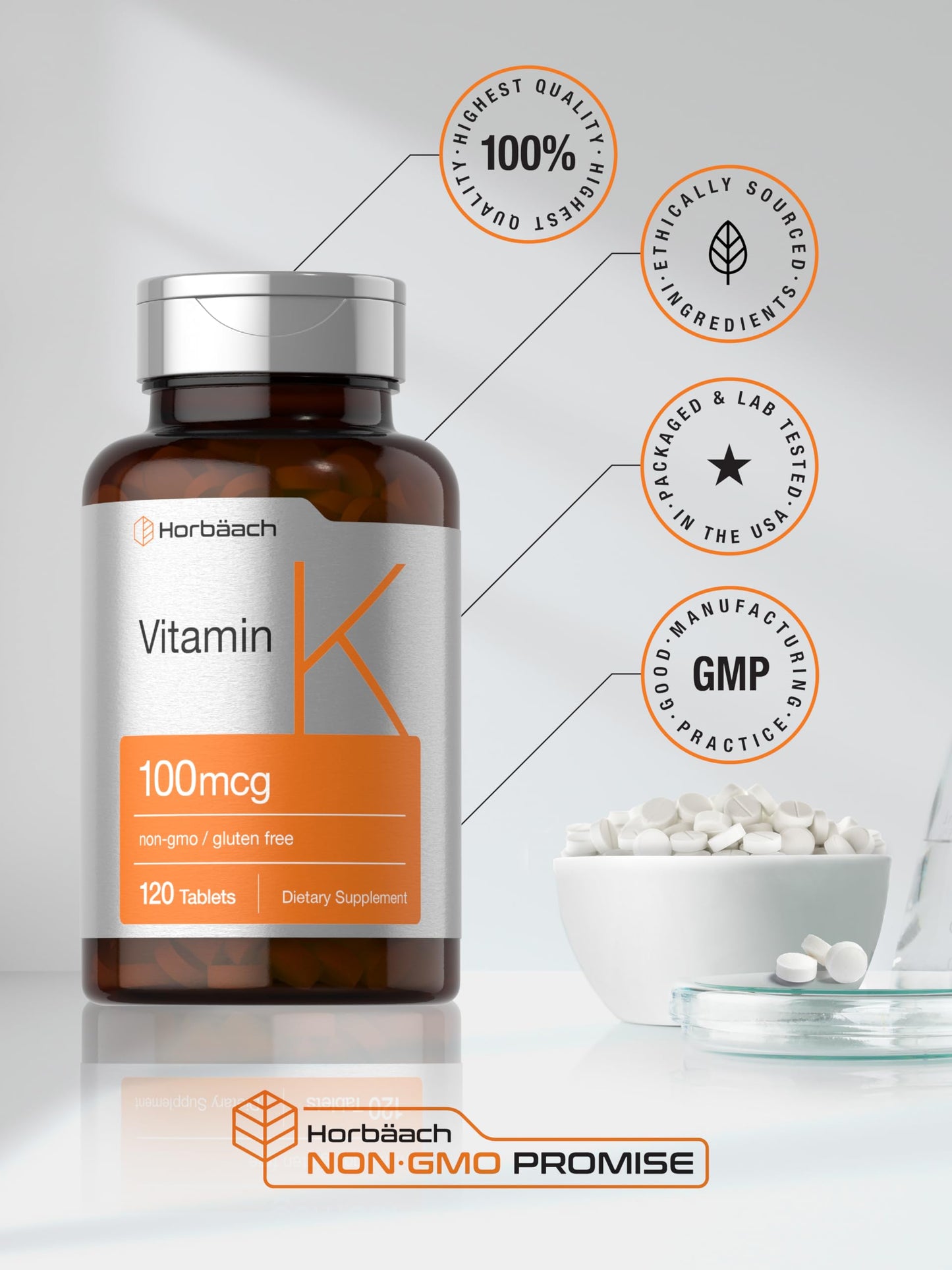 Horbäach Vitamin K 100 Mcg bottle sealed packaging displaying safety information and daily usage instructions.