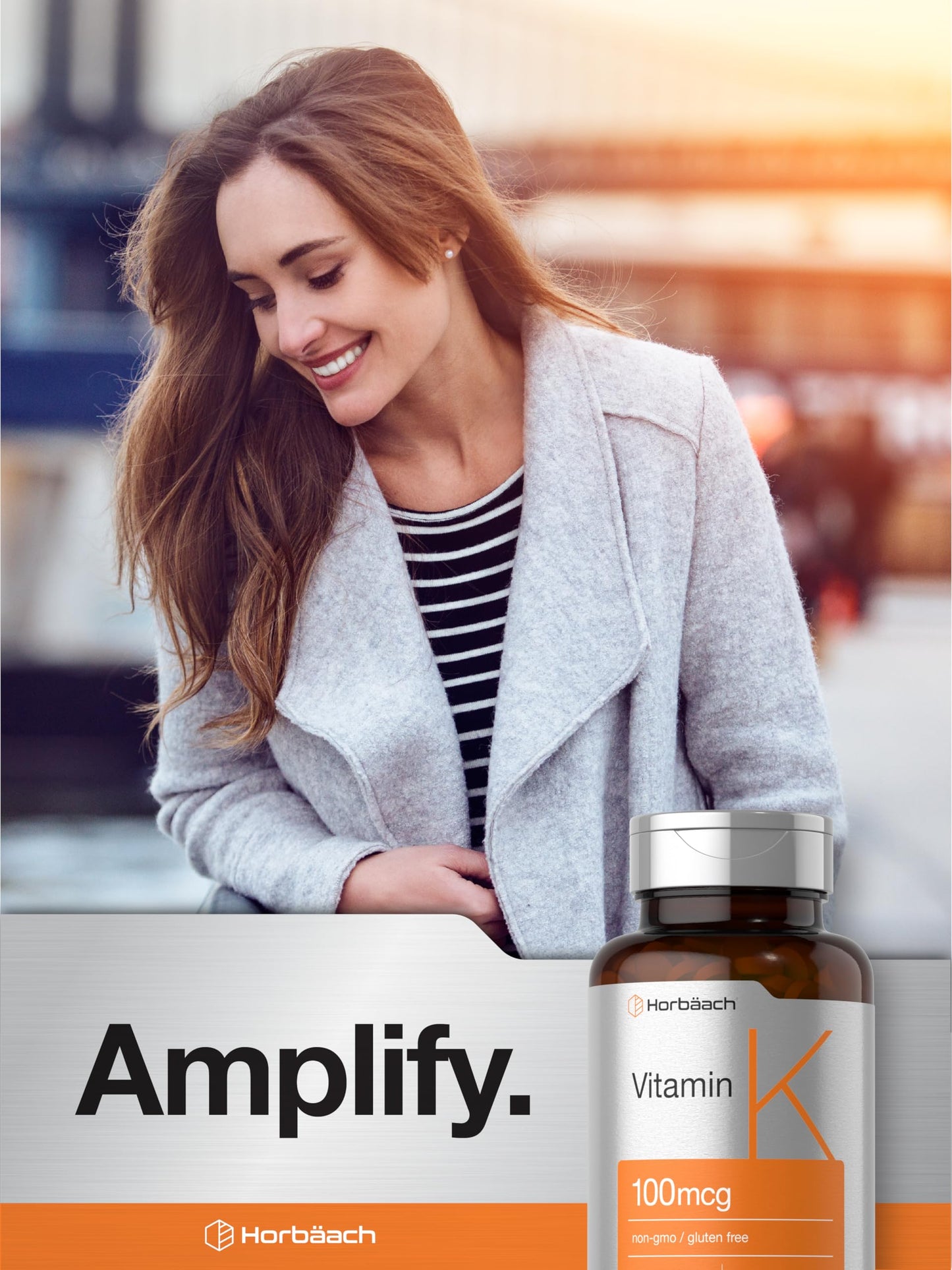 Authentic USA imported Horbäach Vitamin K supplement bottle showing the allergen-free product certifications.