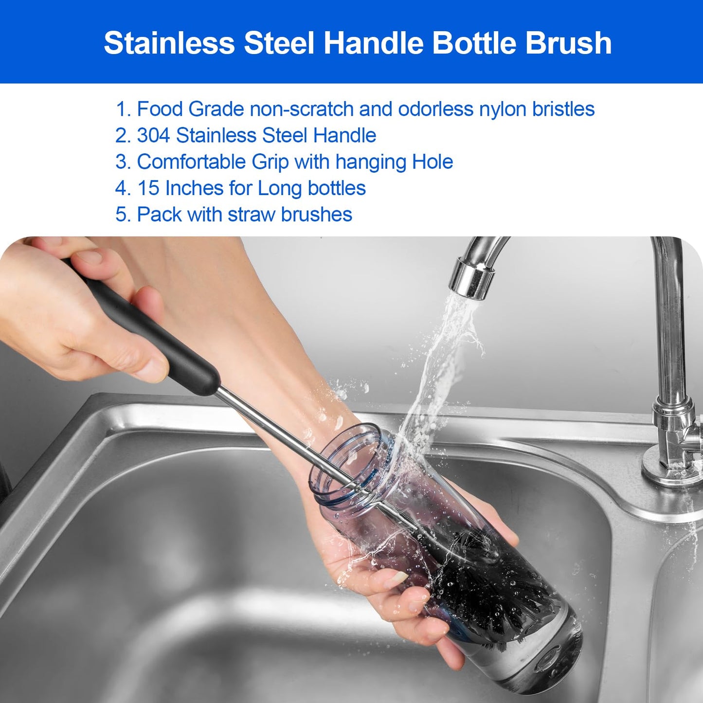 SweeBe bottle brush showing 15-inch stainless steel handle