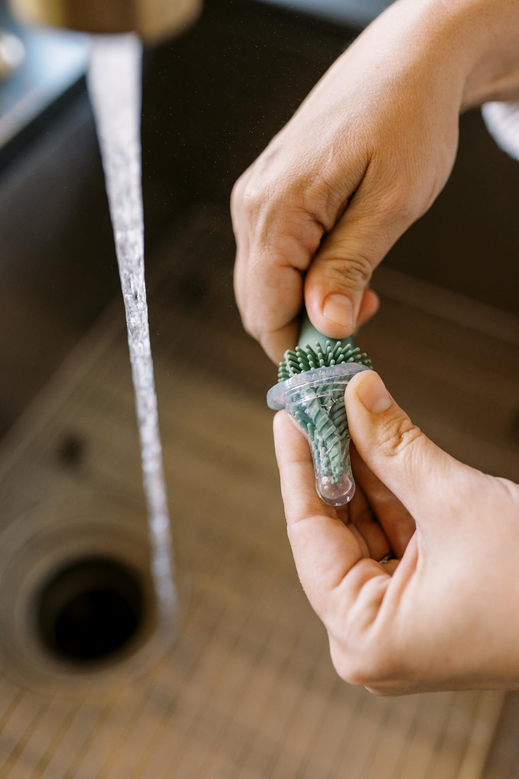 Close up of soft silicone bristles on the Dr. Brown's cleaning tool
