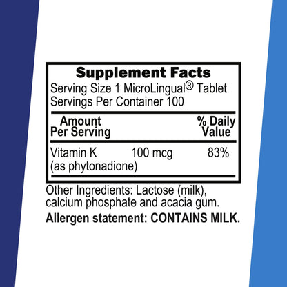 Superior Source Vitamin K1 instant dissolve micro tablets packaging back showing nutritional facts