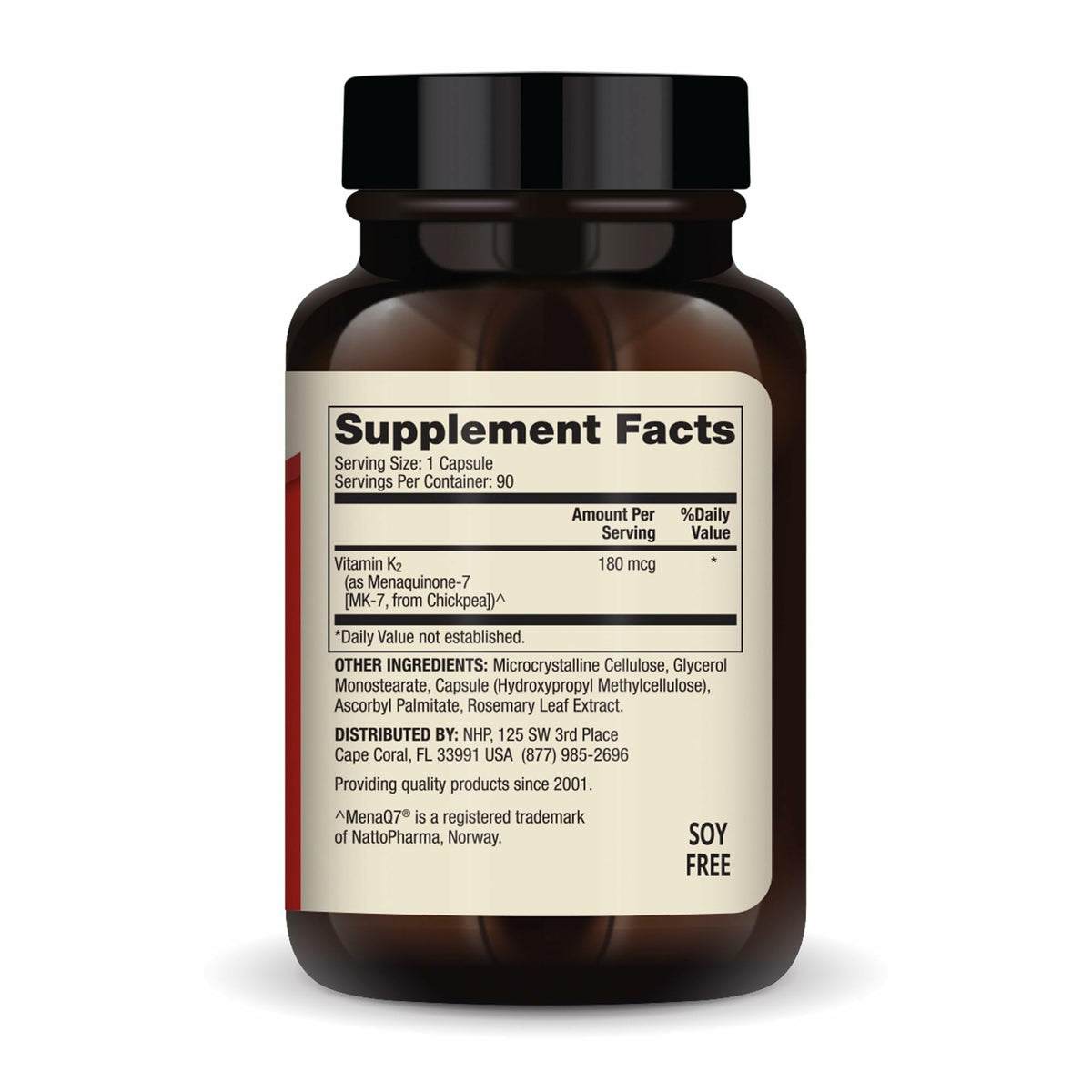 Dr. Mercola Vitamin K2 supplement bottle showing back label with active ingredients and directions