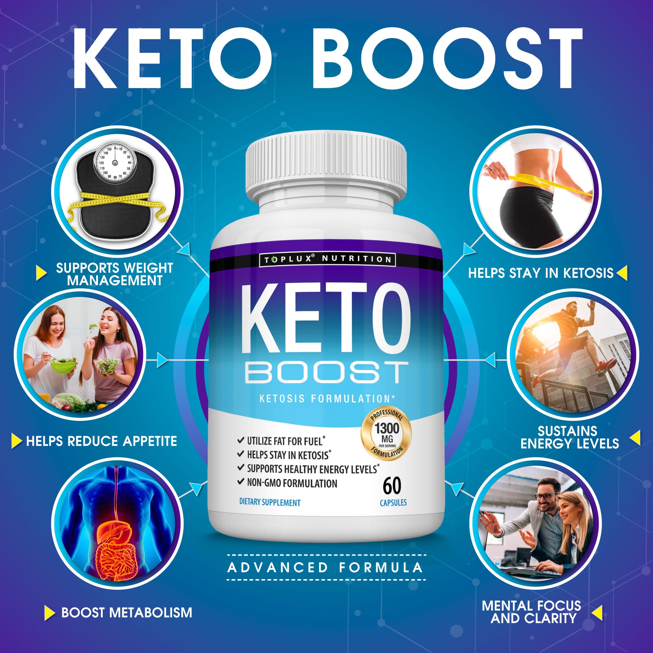 Toplux Keto Boost supplement bottle showing 1300mg keto blend ingredients list