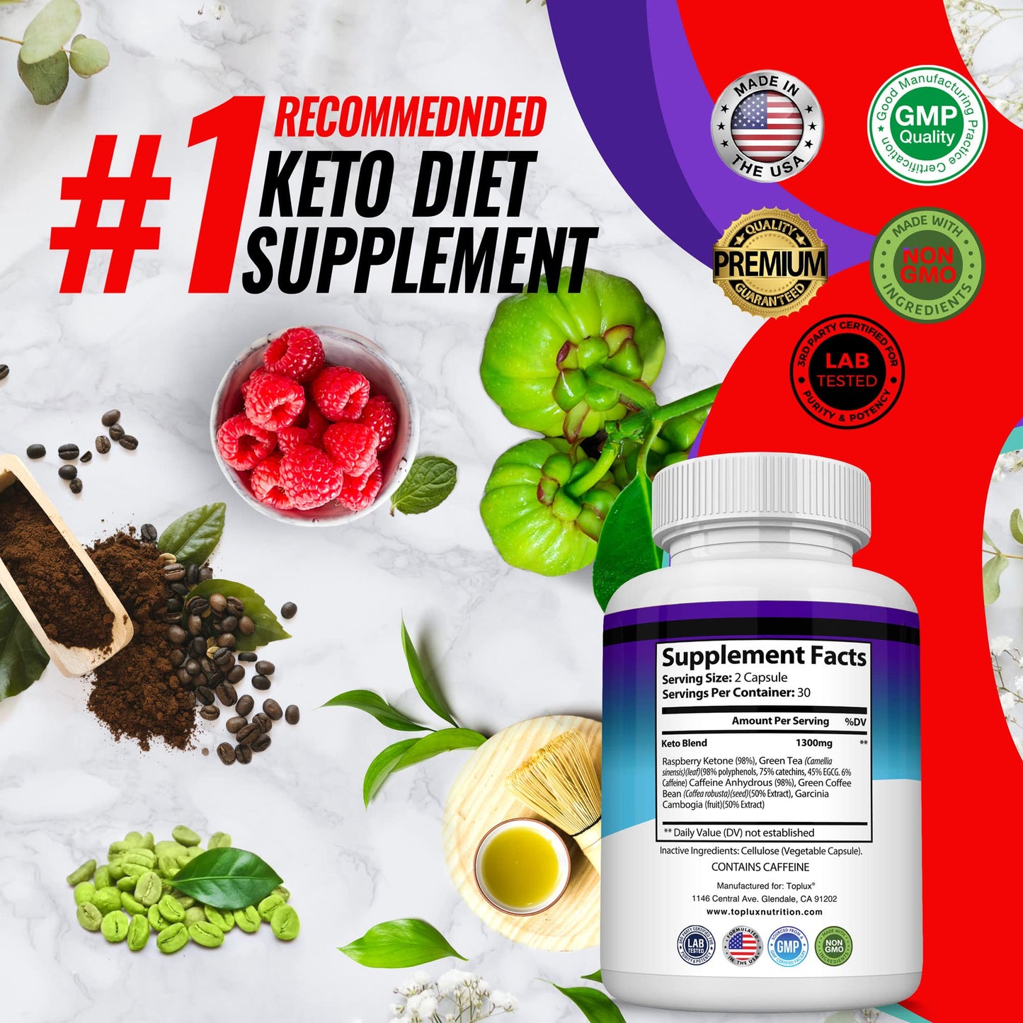 Toplux Keto Boost capsules containing raspberry ketones and green tea extract
