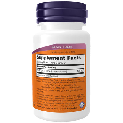 Now Foods 7-Keto DHEA 100 Milligrams dietary supplement showing supplement facts panel ingredients label