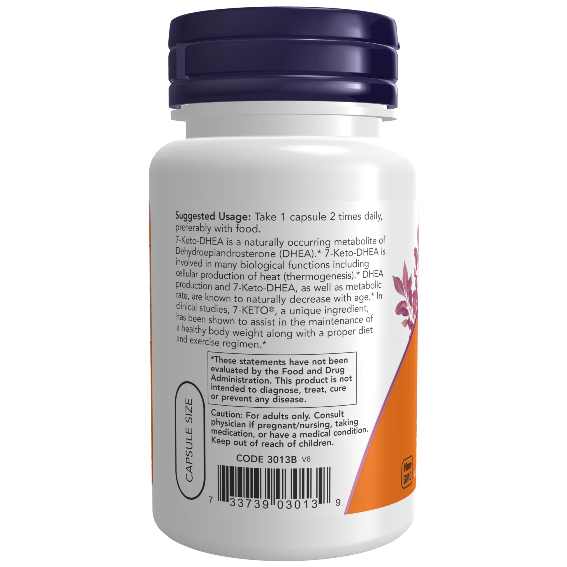 Now Foods 7-Keto DHEA 60 capsules side view detailing non-GMO and vegan manufacturing features