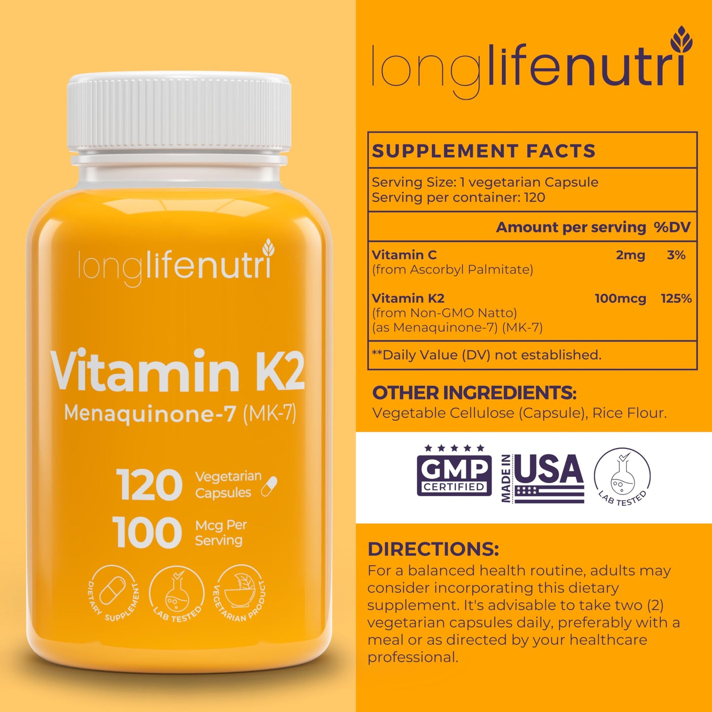 Supplement facts panel on the back of LongLifeNutri Vitamin K2 Menaquinone Seven dietary supplement.