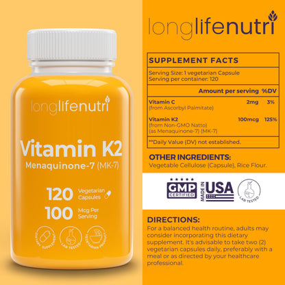 Supplement facts panel on the back of LongLifeNutri Vitamin K2 Menaquinone Seven dietary supplement.