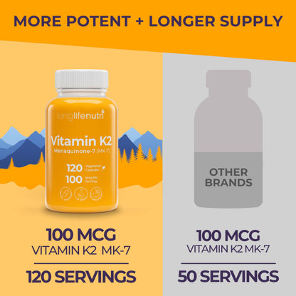 Side view of LongLifeNutri Vitamin K2 120 veggie capsules highlighting premium USA made quality seals.