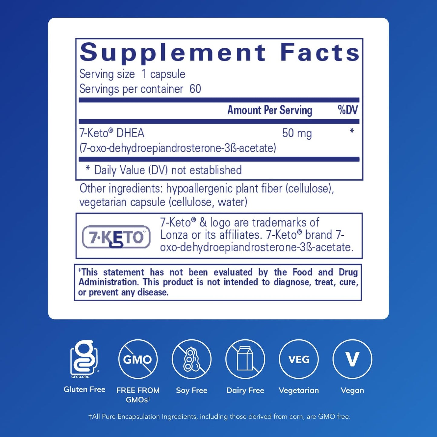 Pure Encapsulations 7-Keto DHEA supplement facts and ingredient list side label