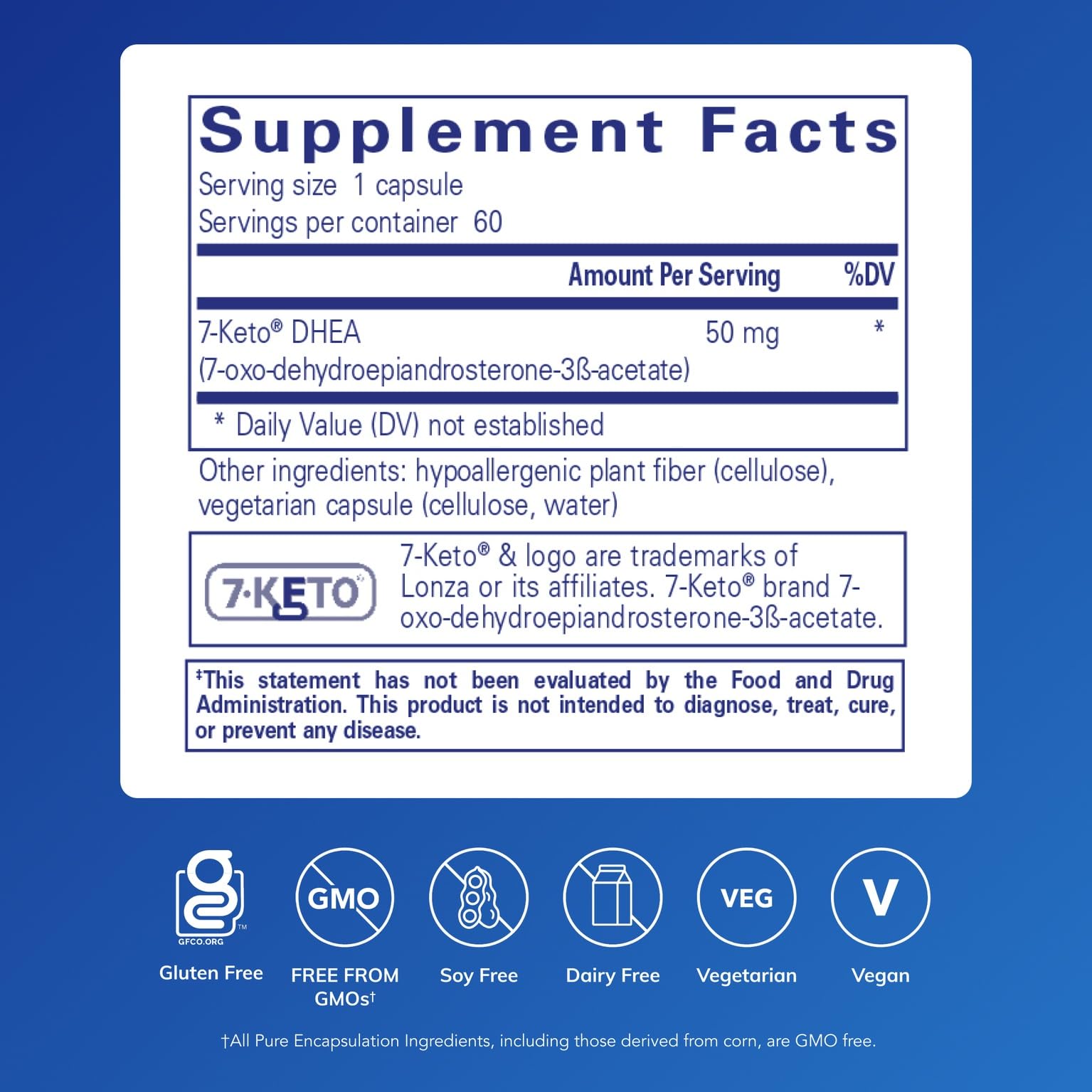 Pure Encapsulations 7-Keto DHEA supplement facts and ingredient list side label