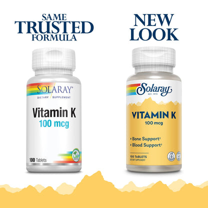 Side view of the Solaray plant-sourced Vitamin K supplement bottle highlighting the vegan and lab-verified seals.