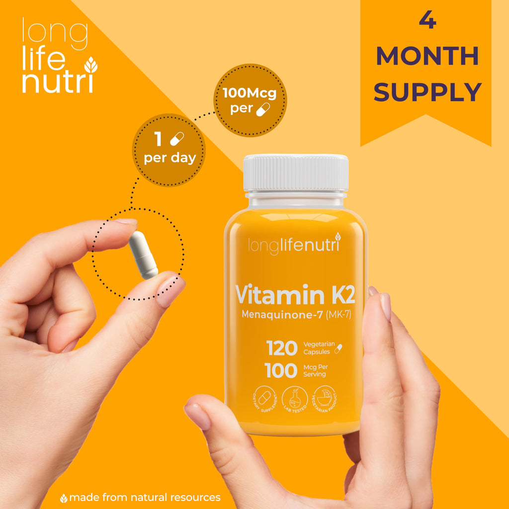 Side profile of LongLifeNutri supplement bottle displaying serving size instructions