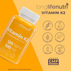 Back panel of LongLifeNutri Vitamin K2 bottle showing ingredient list and warnings