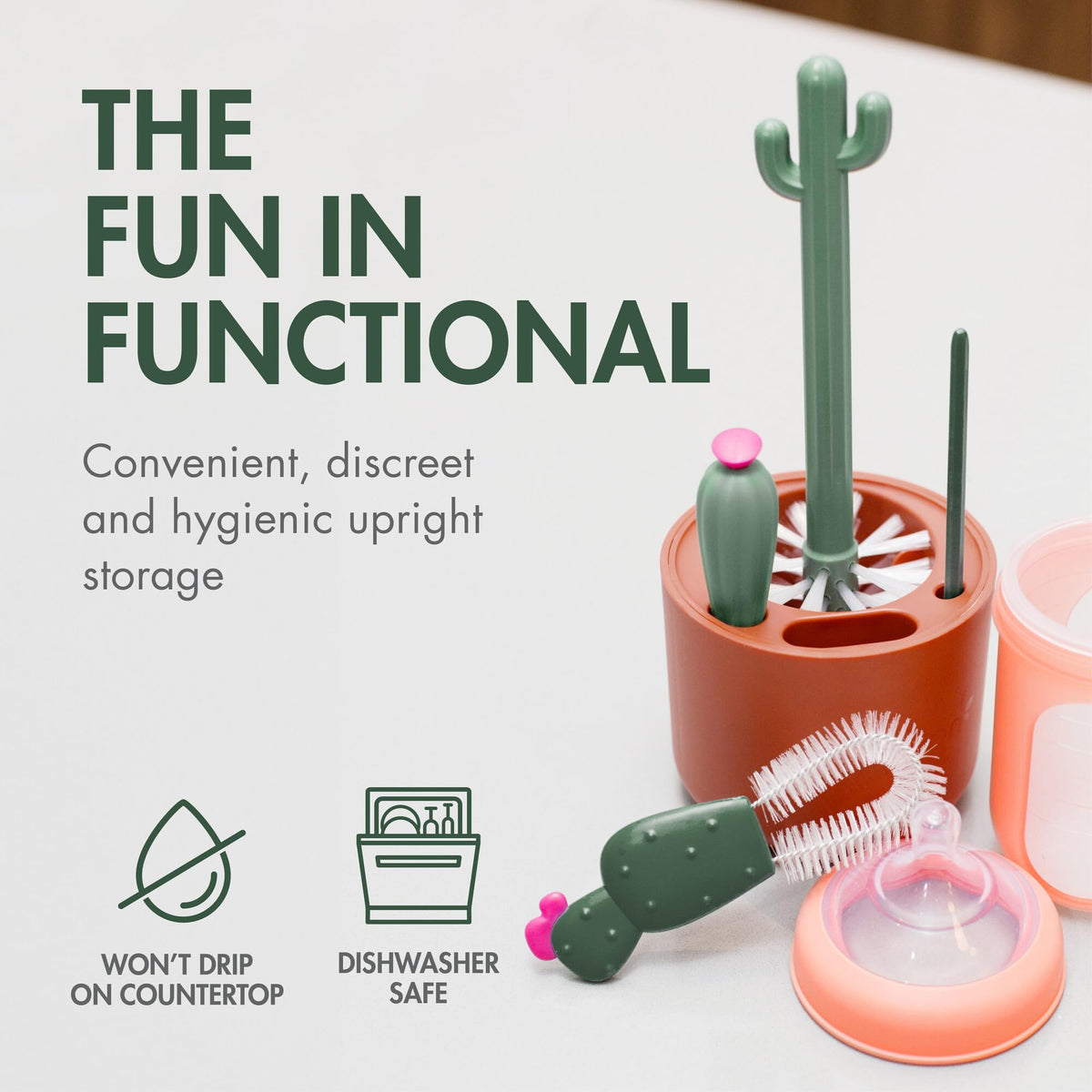 Boon Cacti 4 piece brush set showing brushes inside terracotta vase