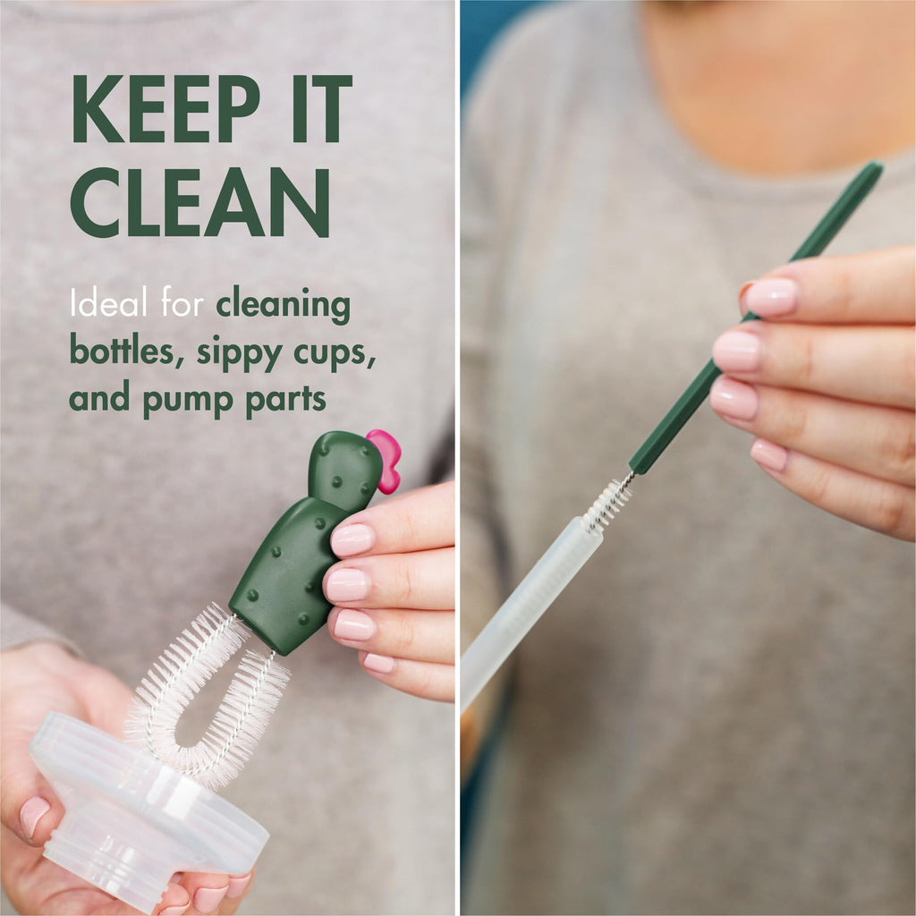 Boon Cacti brush set displayed on a kitchen counter for baby bottle cleaning