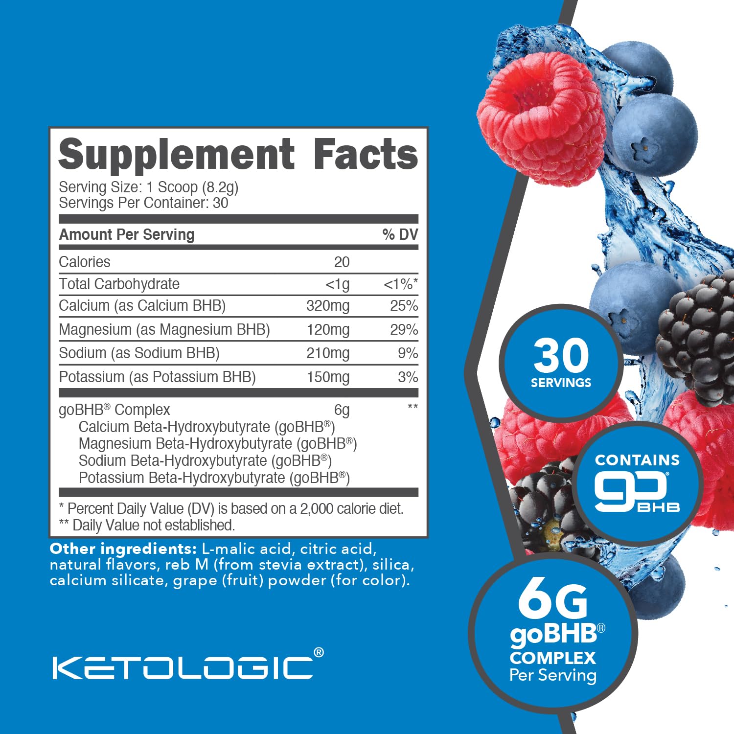 Ketologic exogenous ketone powder supplement packaging highlighting thirty servings and six grams goBHB complex.