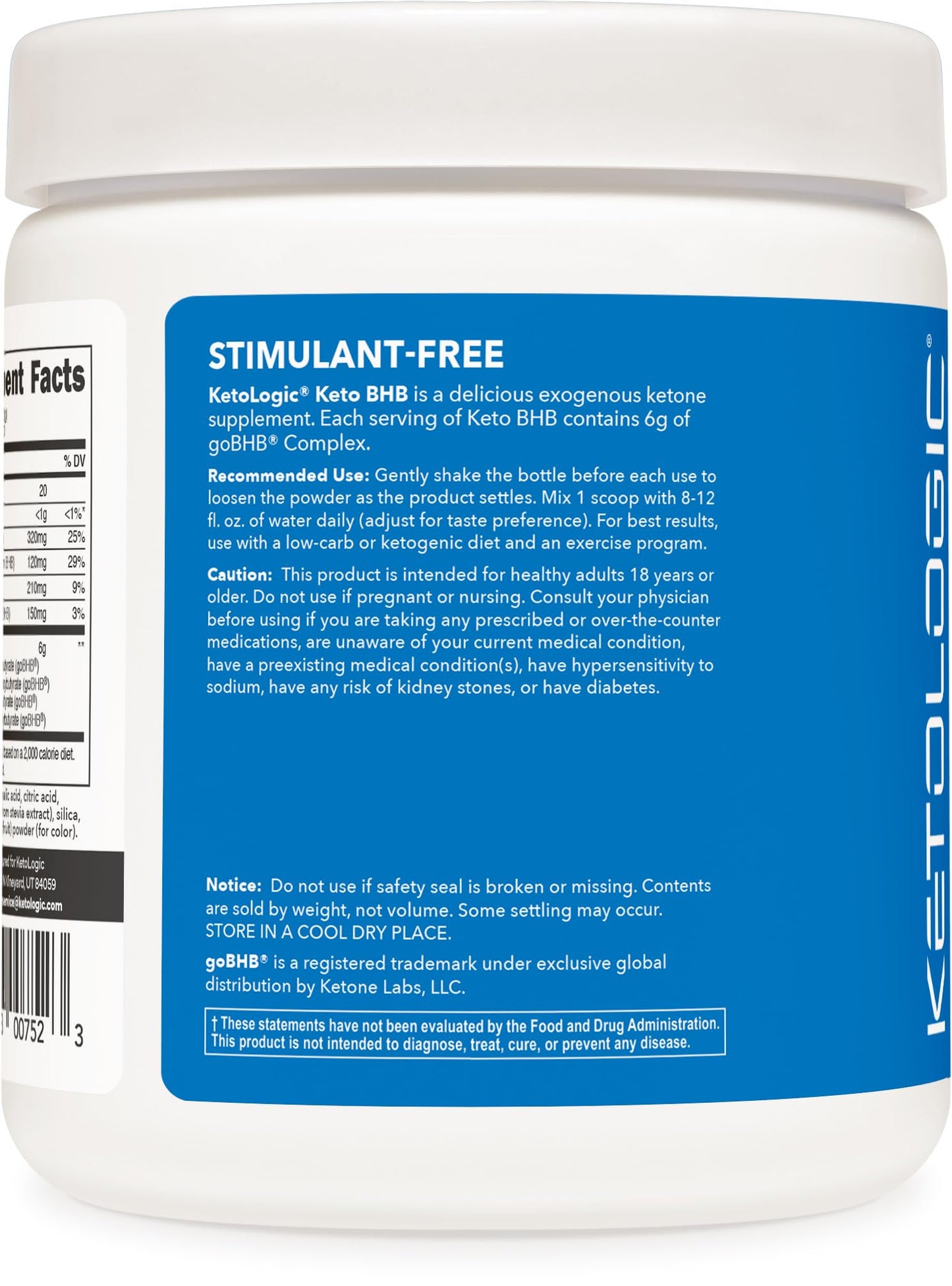Authentic imported USA Ketologic BHB supplement tub displaying nutritional facts and ingredients list.