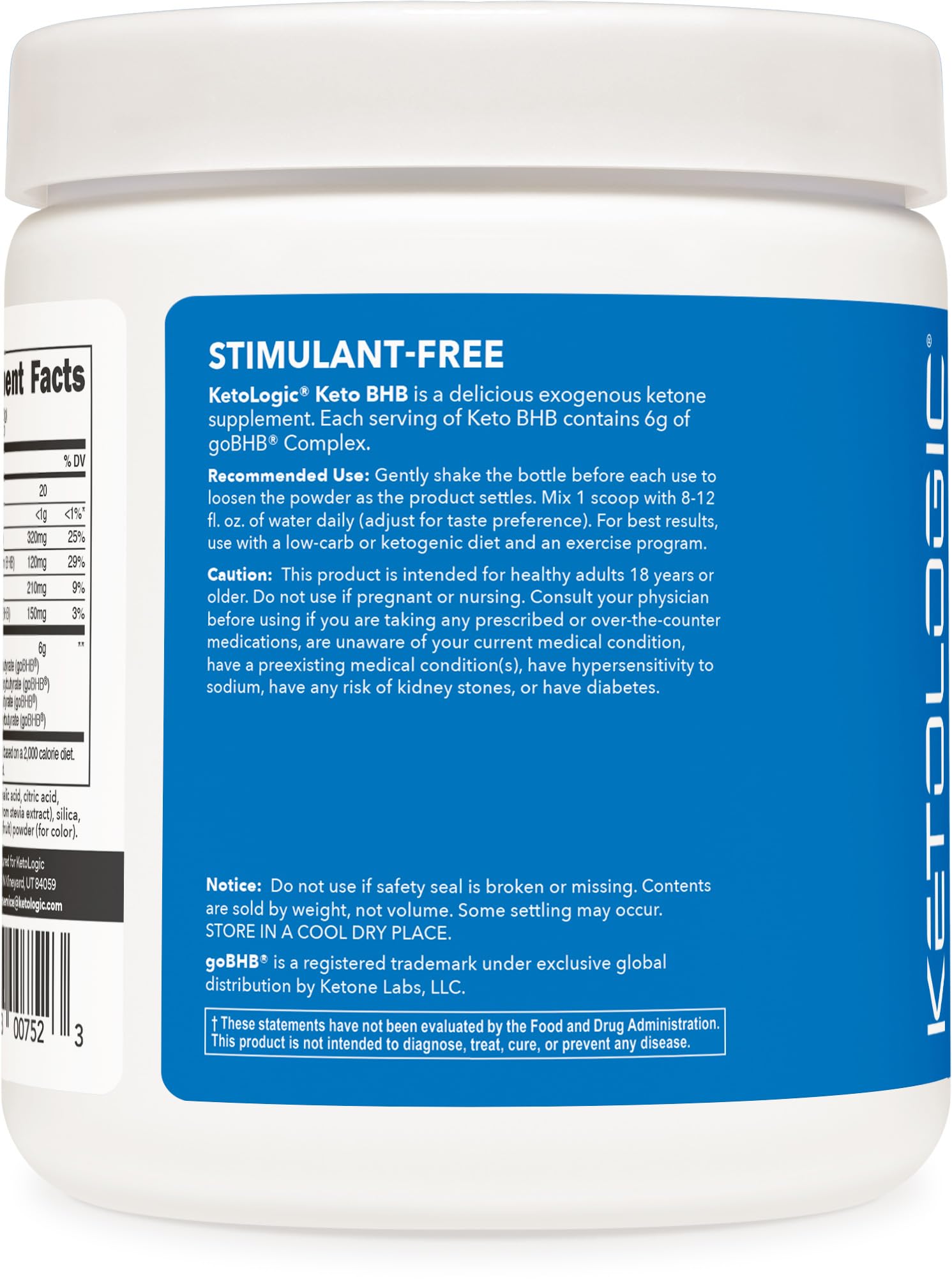 Authentic imported USA Ketologic BHB supplement tub displaying nutritional facts and ingredients list.