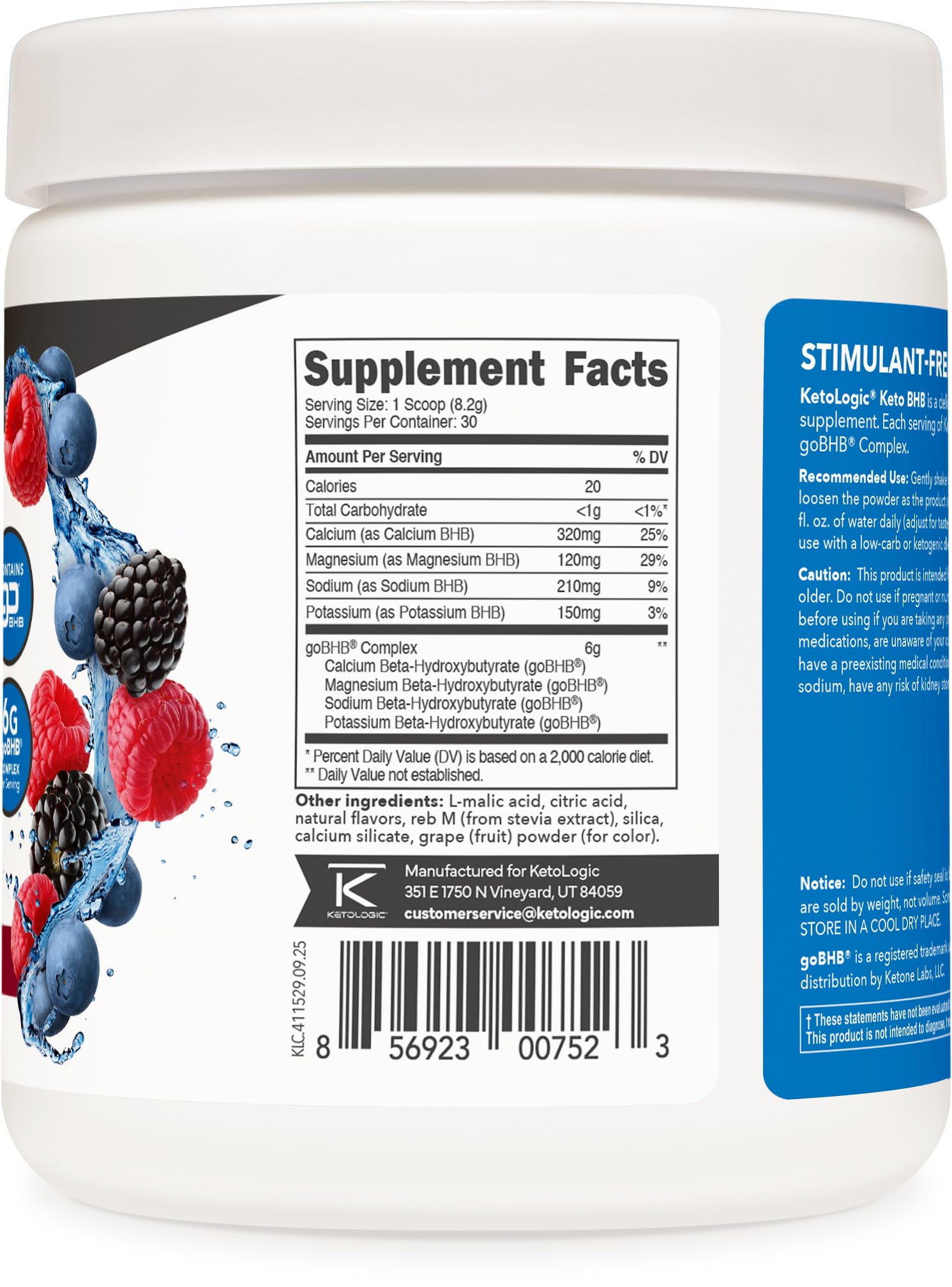 Ketologic low carb energy support powder container angled view showing the premium stimulant free formula.