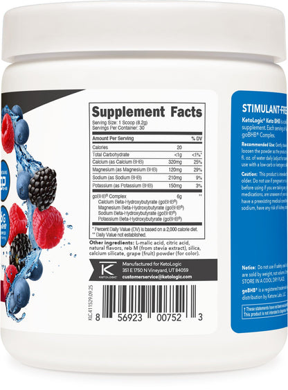 Ketologic low carb energy support powder container angled view showing the premium stimulant free formula.