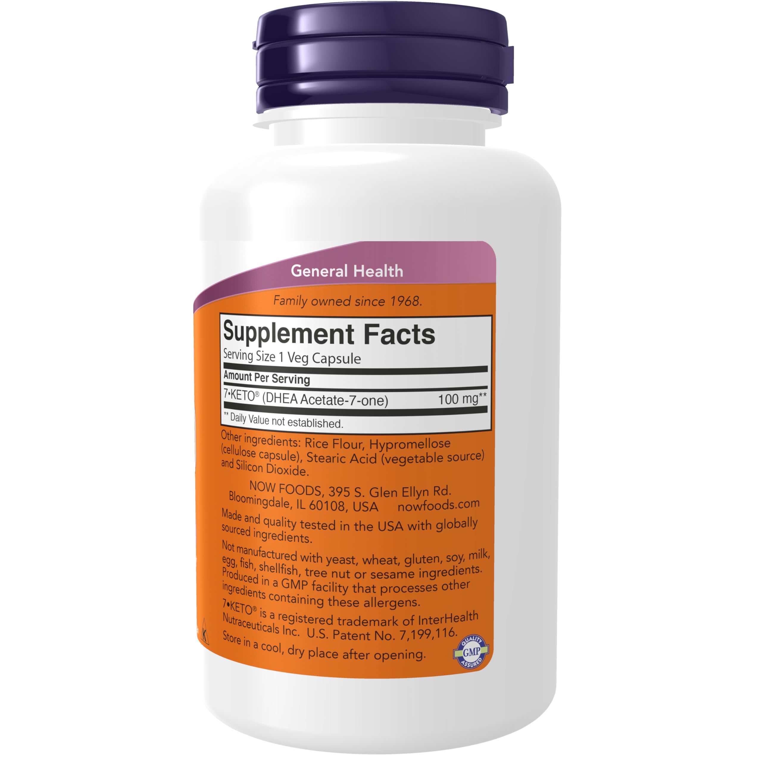 Side panel label view of Now Foods 7 Keto DHEA Acetate showing 120 vegetarian capsules text