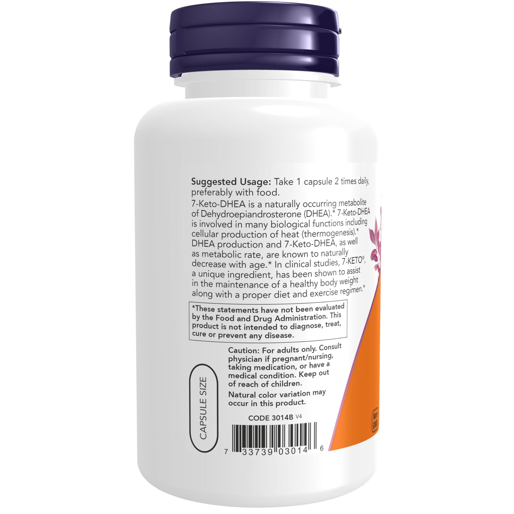 Back ingredients panel of Now Foods 7 Keto DHEA Acetate supplement showcasing non GMO certification