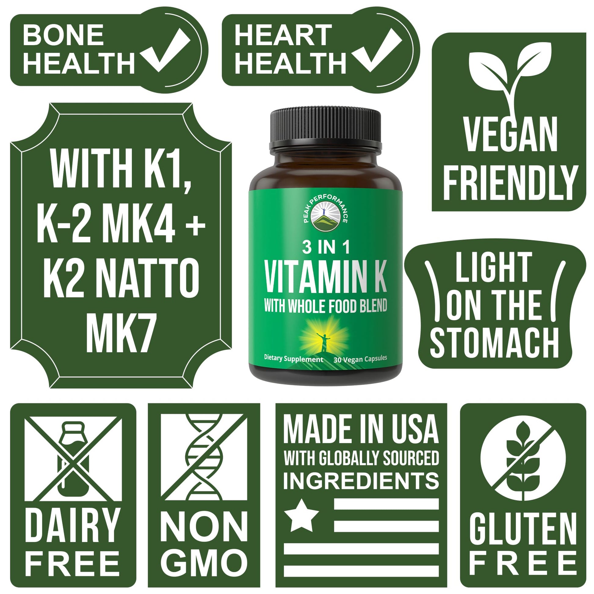 Side view of Peak Performance raw whole food vitamin K capsules showing supplement facts label