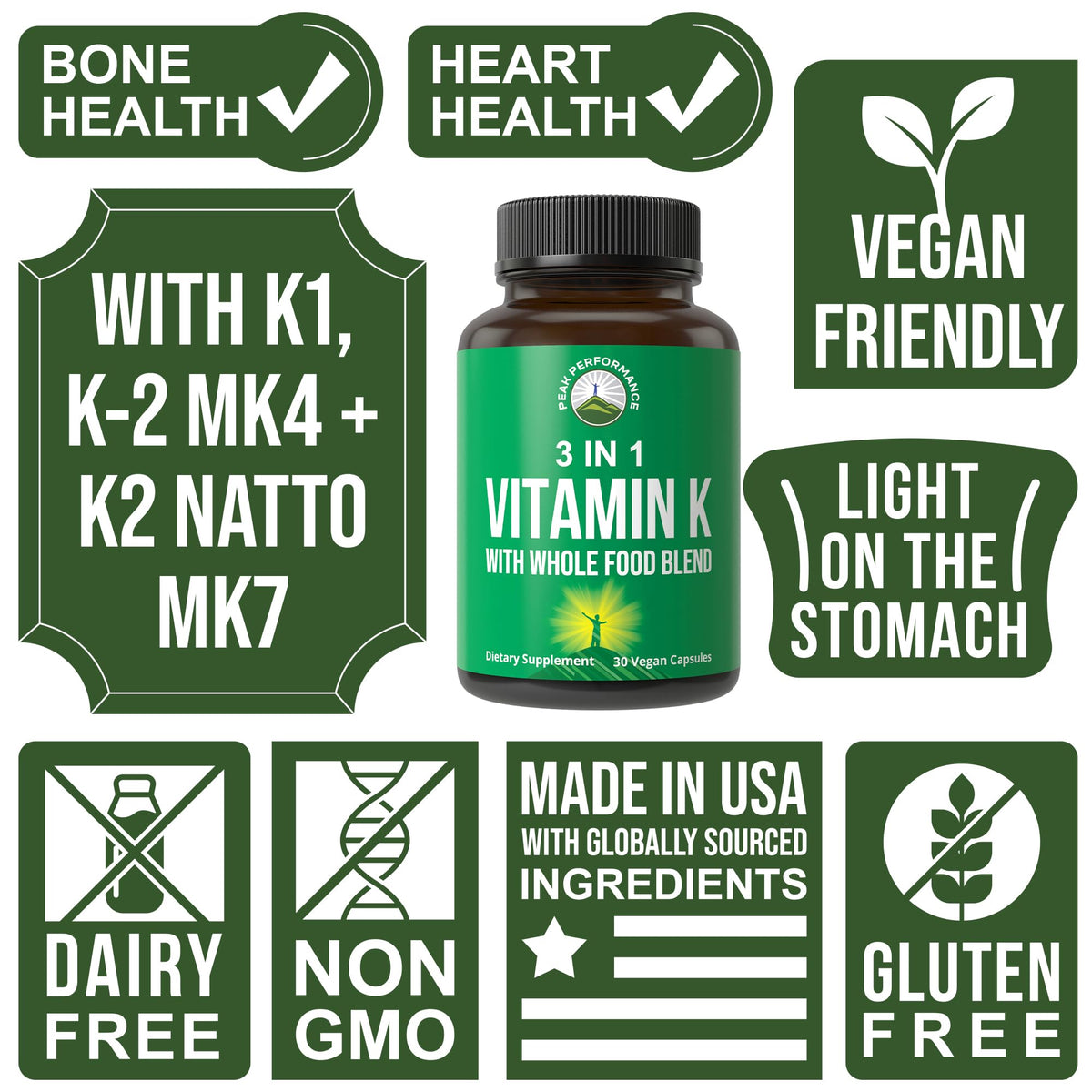 Peak Performance vitamin K capsules packaging side view