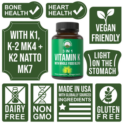 Side view of Peak Performance raw whole food vitamin K capsules showing supplement facts label