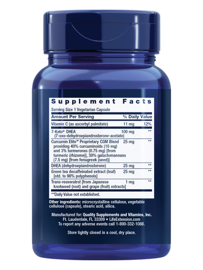 Life Extension DHEA Complete supplement bottle showing key weight management benefits