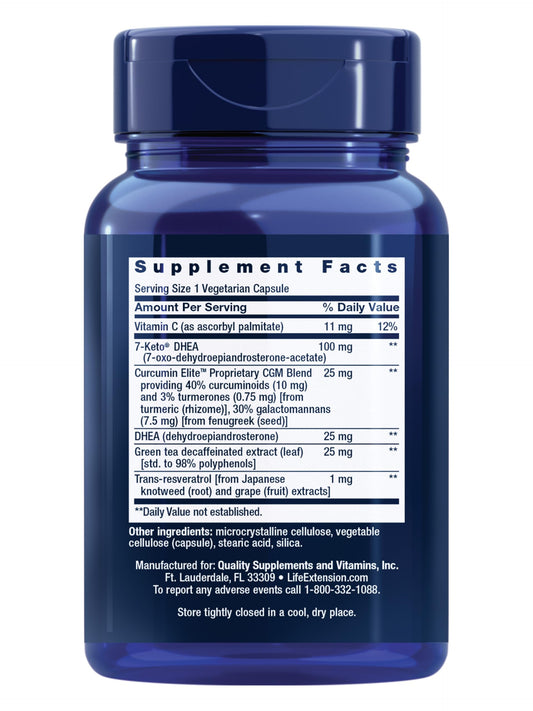 Life Extension DHEA Complete supplement bottle showing key weight management benefits