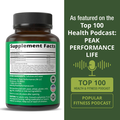Peak Performance Vitamin K 30 capsules bottle highlighting non GMO certifications