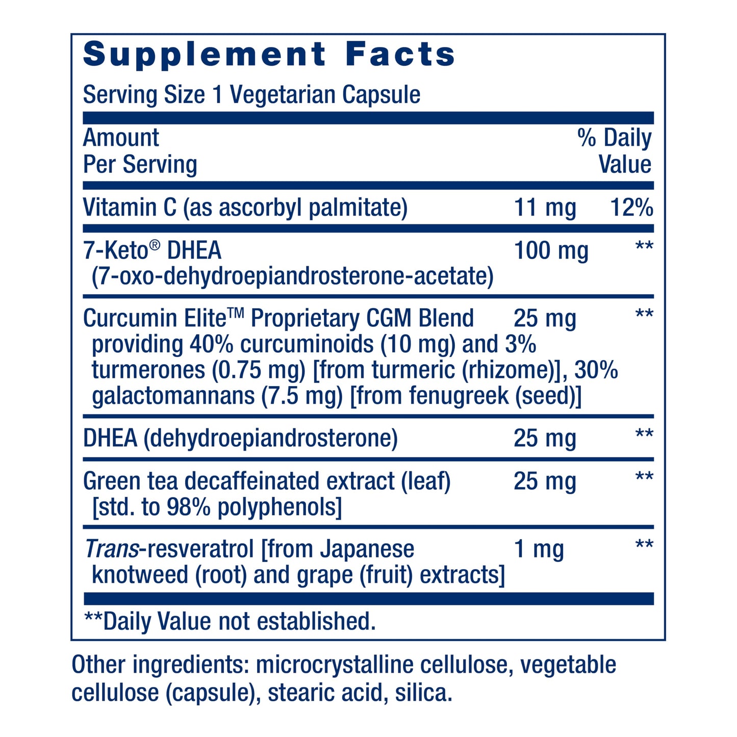 Life Extension DHEA and 7-Keto DHEA Complete nutrition facts label with dosage instructions