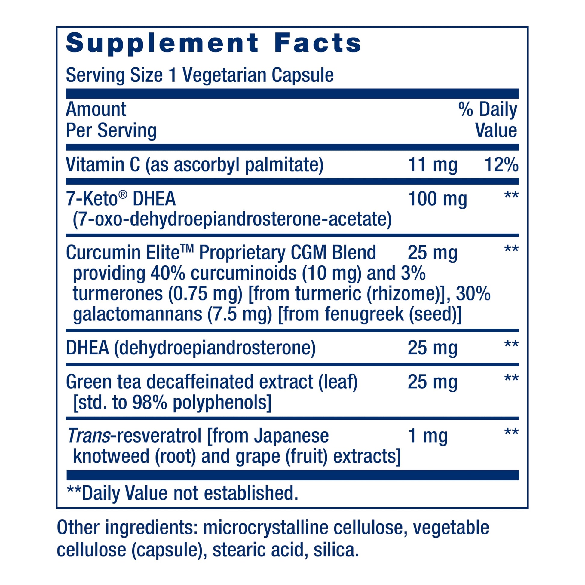 Life Extension DHEA and 7-Keto DHEA Complete nutrition facts label with dosage instructions