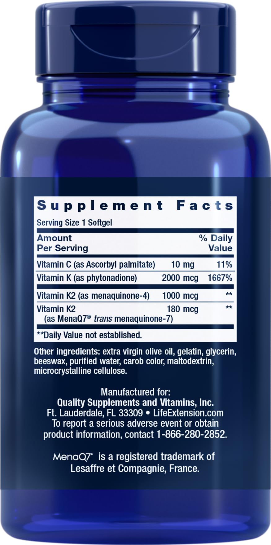 Life Extension Super K supplement facts label showing Vitamin K1 and K2 MK4 MK7 ingredients
