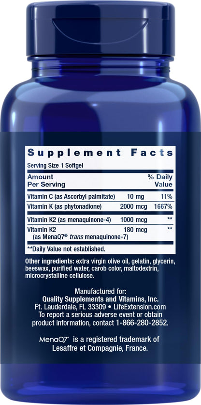 Life Extension Super K supplement facts label showing Vitamin K1 and K2 MK4 MK7 ingredients