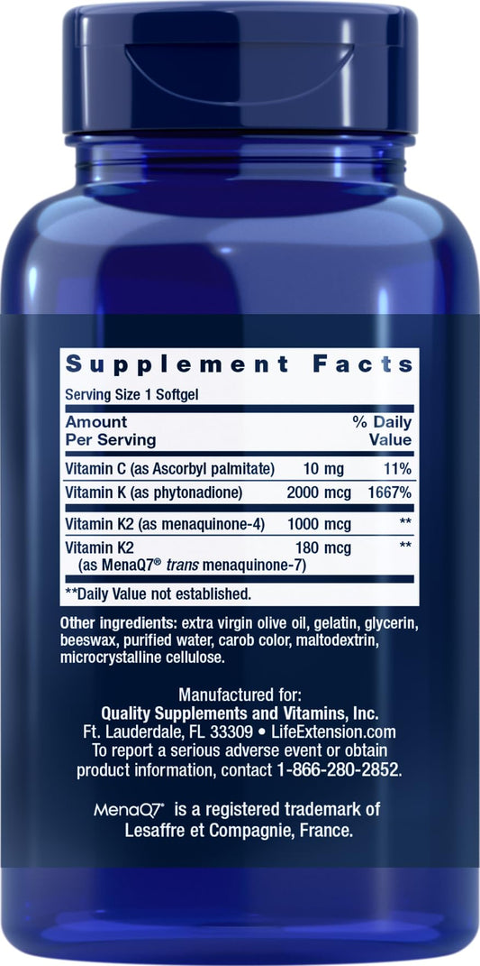 Life Extension Super K supplement facts label showing Vitamin K1 and K2 MK4 MK7 ingredients