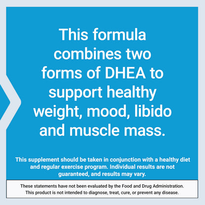 Side view of Life Extension DHEA Complete dietary supplement detailing lean muscle mass benefits